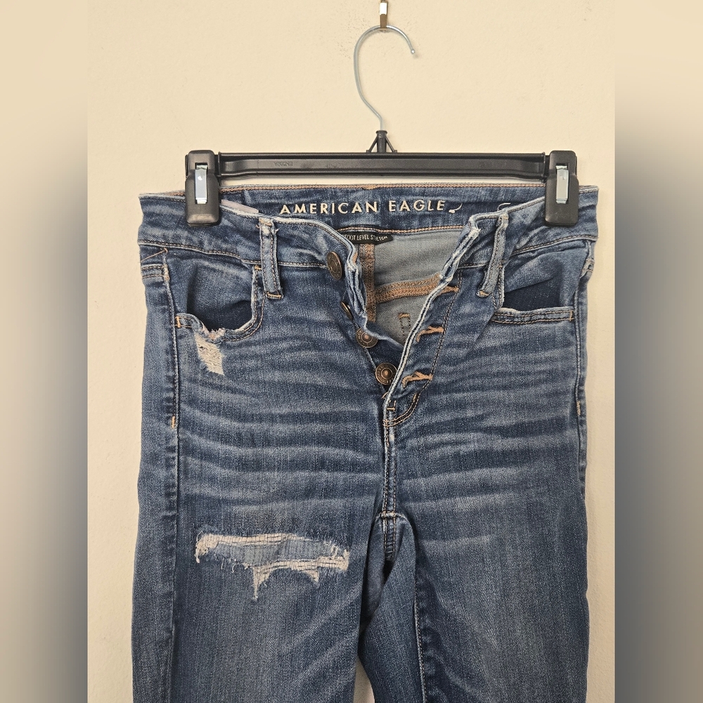 American Eagle Distressed Skinny Jeans Size 8 Button Fly Destroyed Denim - Picture 3 of 13
